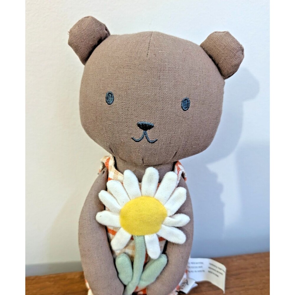 Hearth & Hand Magnolia Plush Bear Brown Daisy Jumper 14" Cloth Embroidered Leggy